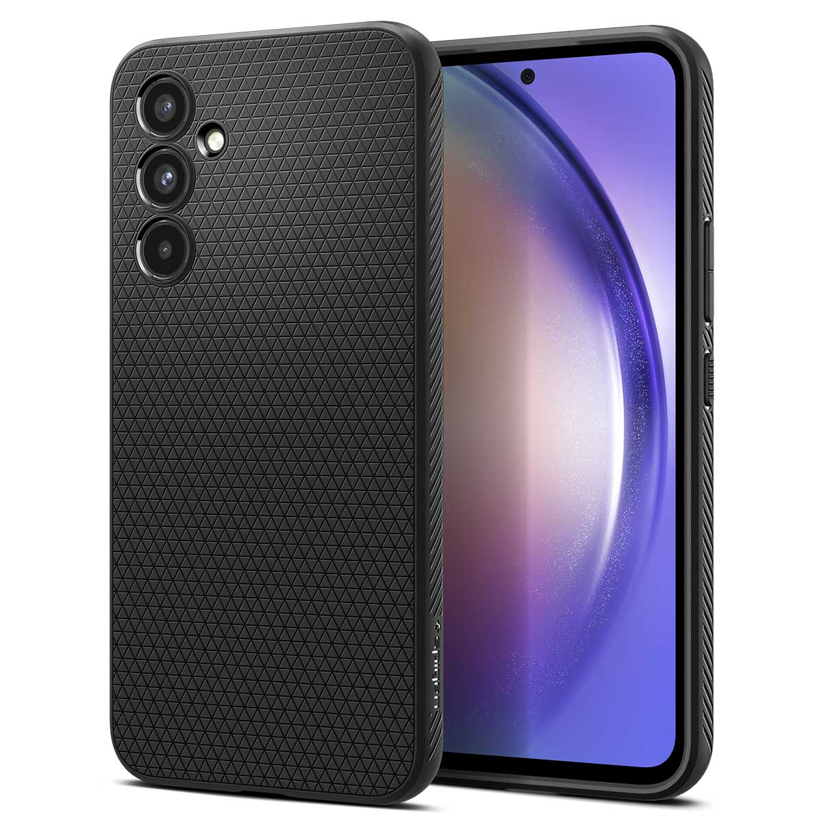 Zwarte telefoon met een getextureerde hoes. Drie camera's zichtbaar.