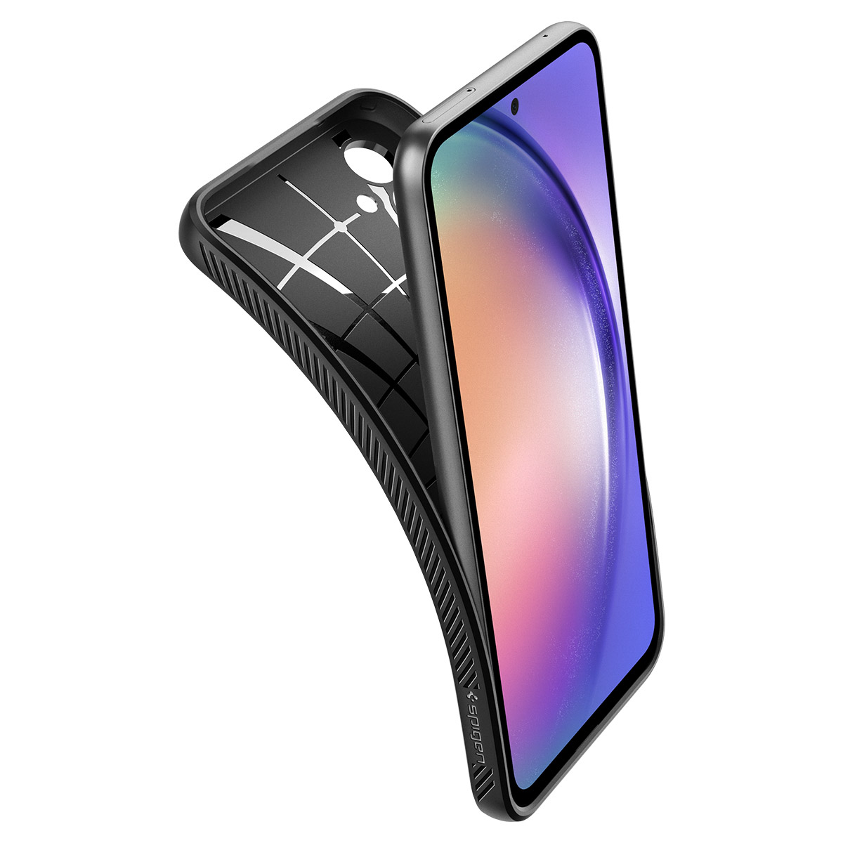 Zwarte telefoonhoes met een telefoon erin. De telefoon heeft een kleurrijk scherm. De hoes is open en schuin.