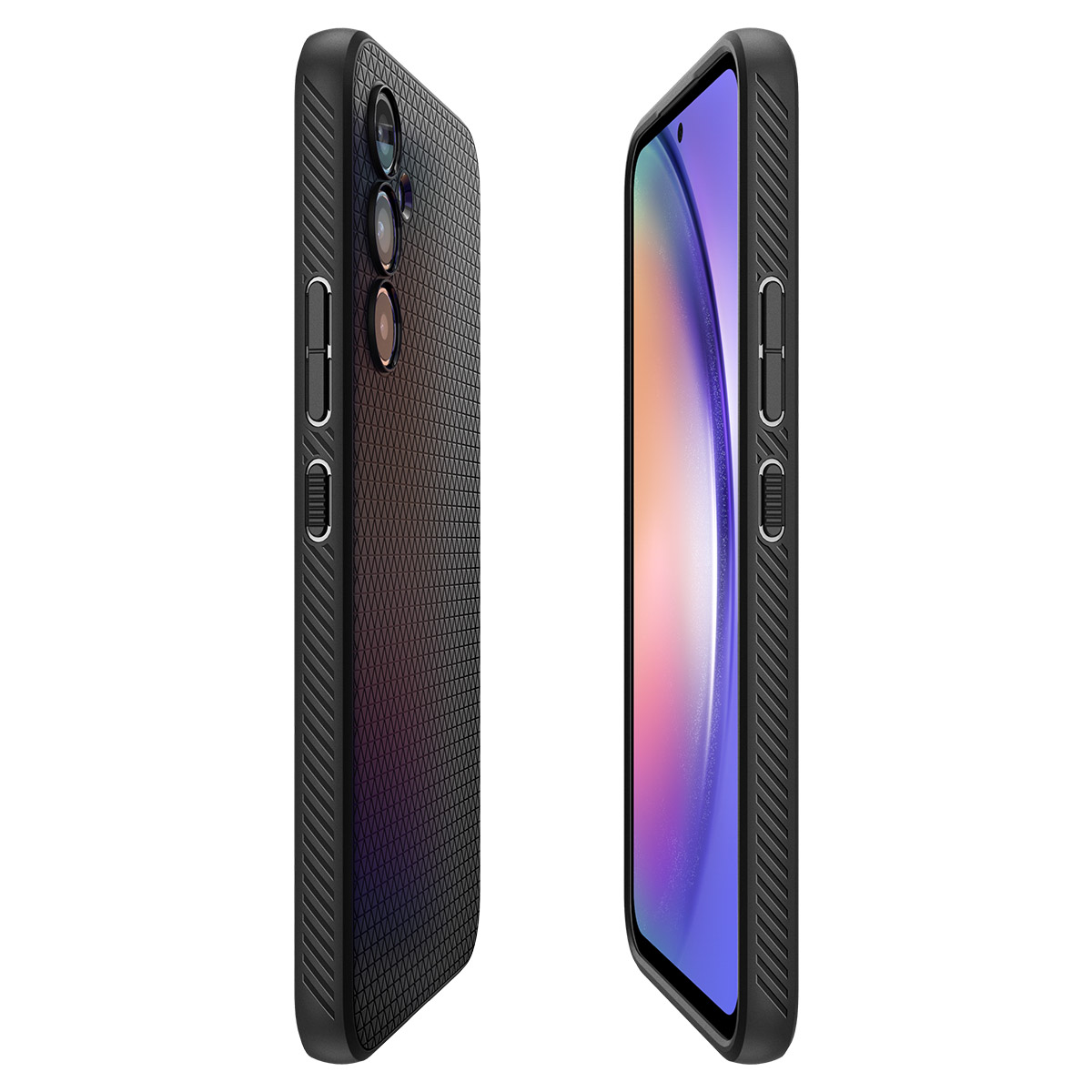 Twee telefoons in zwarte hoesjes, zijaanzicht. Eén telefoon toont zijn scherm met een kleurrijk display.