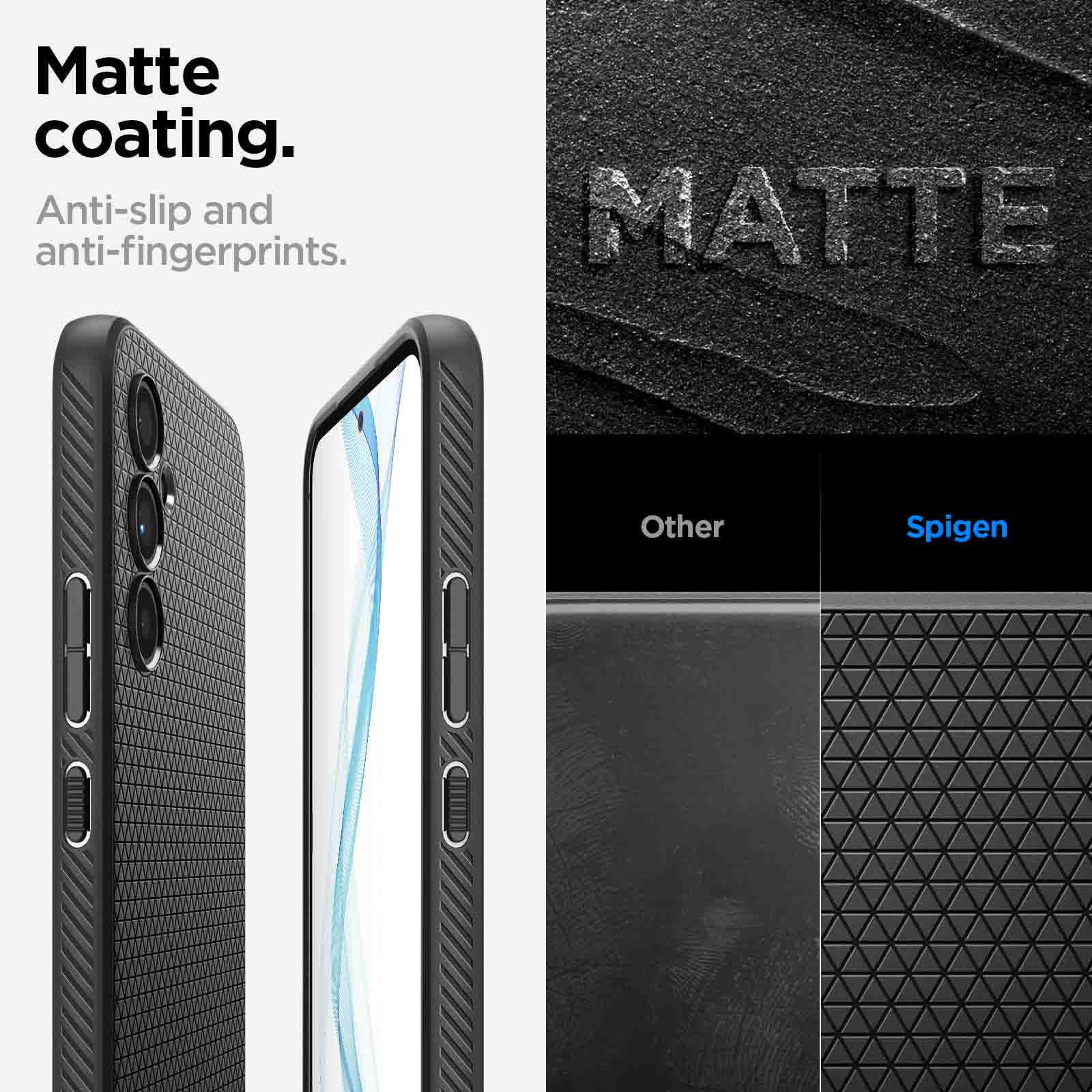 Tekst: Matte coating, anti-slip. Telefoonhoes detail met matte afwerking en textuuroppervlak.