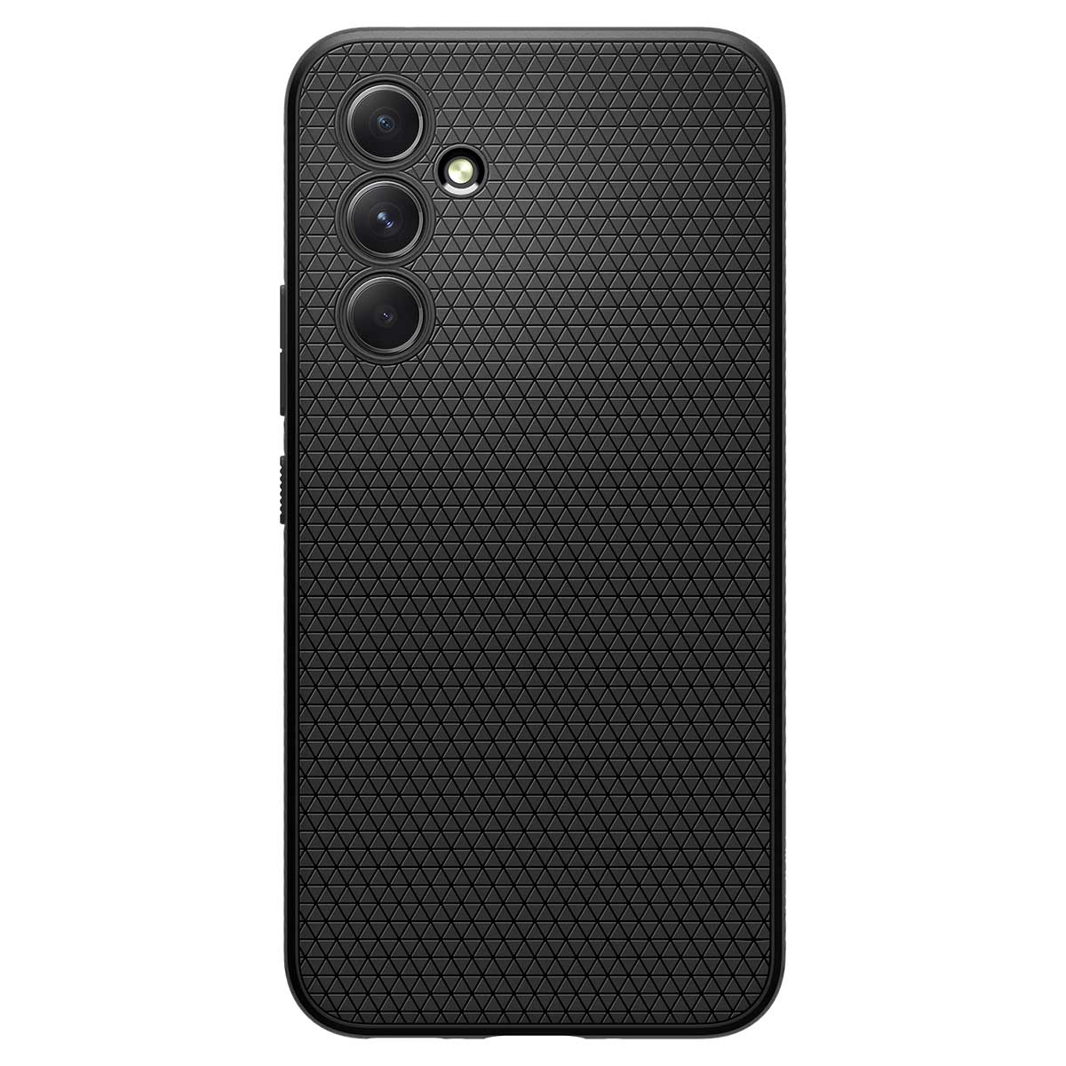 Zwarte telefoonhoes met een getextureerde achterkant. Het heeft een camera-uitsparing en is zwart.