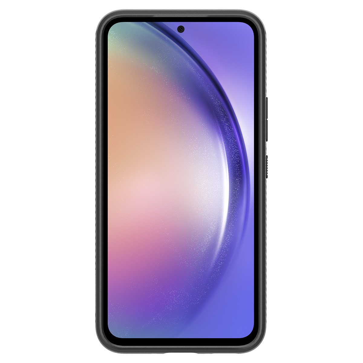 Telefoon in een zwart hoesje, vooraanzicht. Het scherm toont een paarse en blauwe gradiënt.
