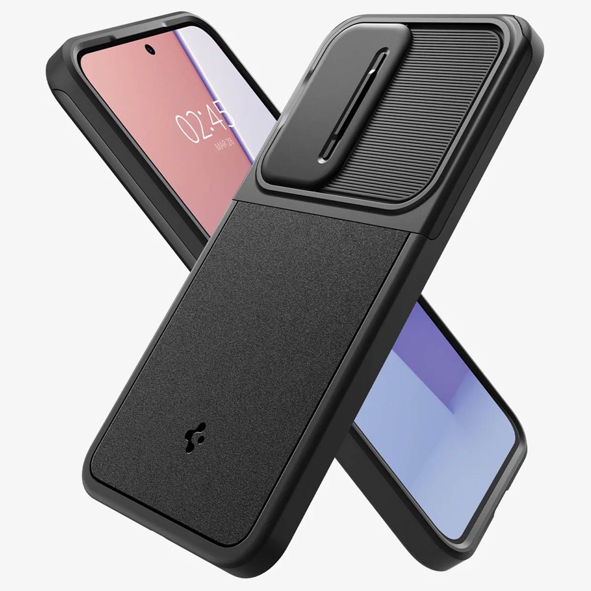 Custodia nera per telefono con copertura della fotocamera. Vengono mostrati due telefoni, con gli schermi visibili.
