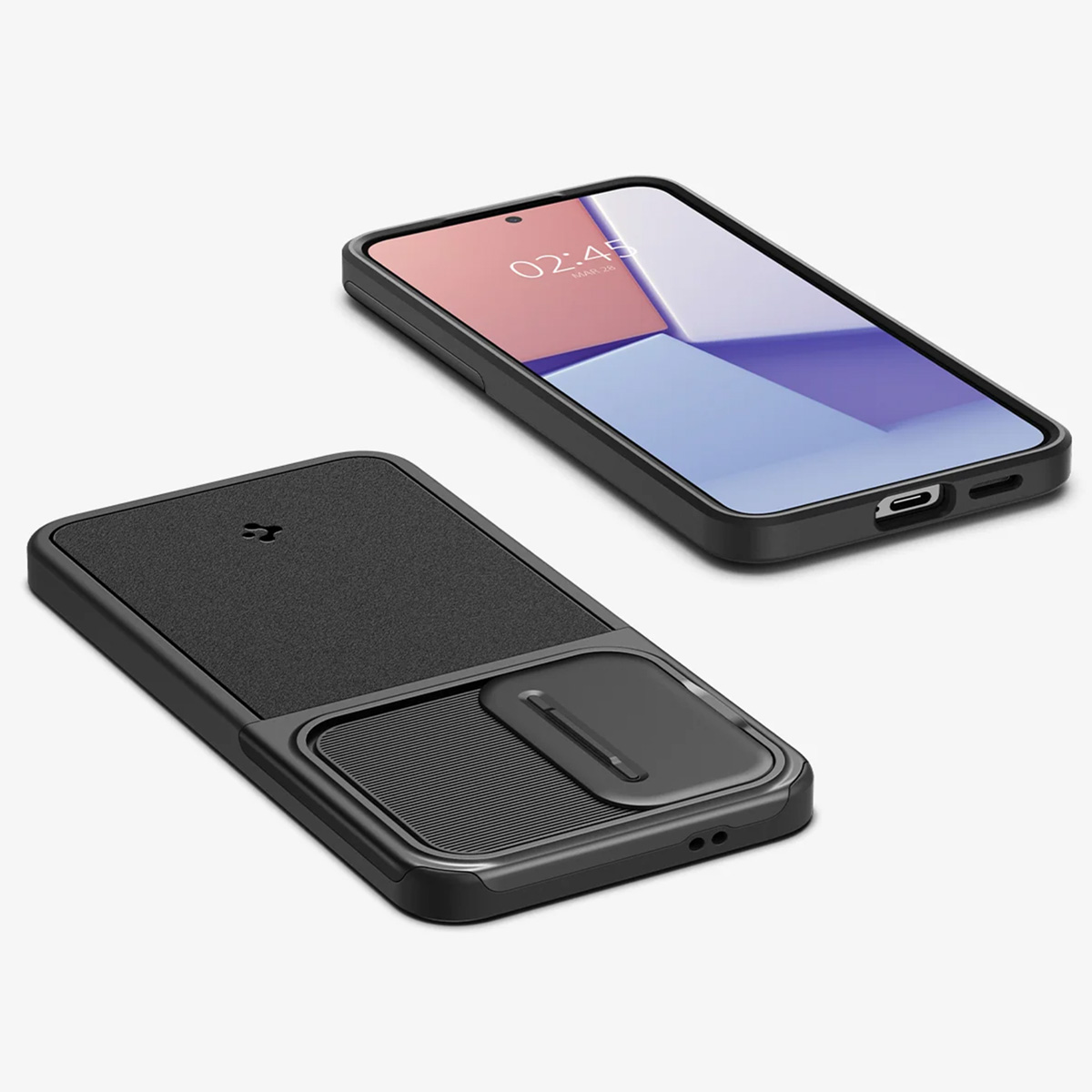 Telefono nero con custodia. Una copertura è accanto al telefono.