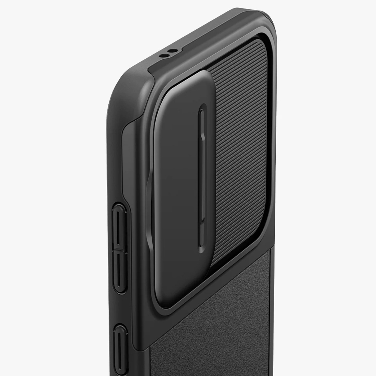Custodia nera per telefono con copertura della fotocamera chiusa. Pulsanti laterali visibili.