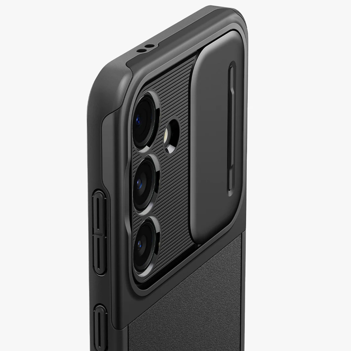 Custodia per telefono nera con copertura per fotocamera. La custodia ha tre obiettivi e una copertura scorrevole per la privacy.