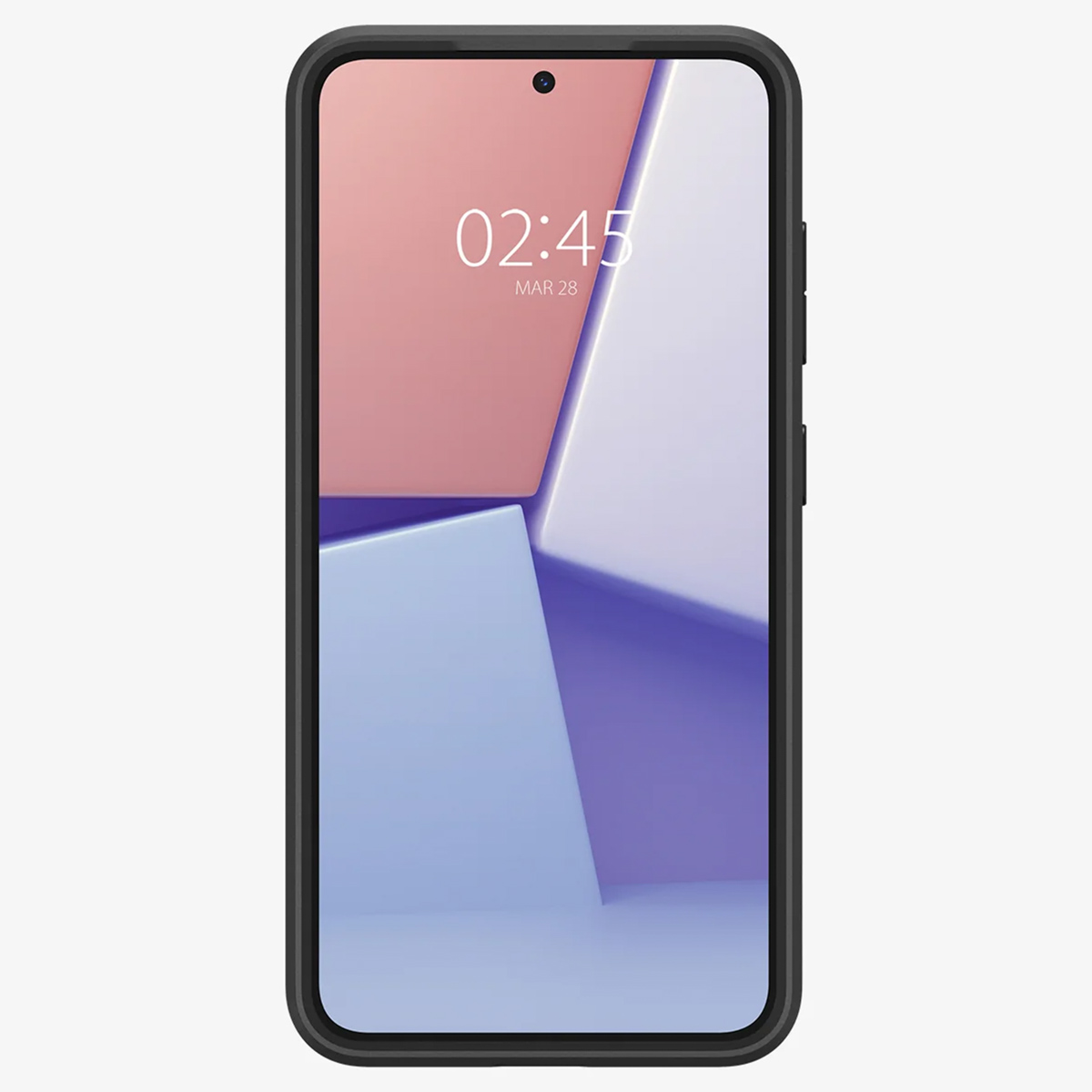 Smartphone con custodia nera, che mostra un design geometrico e l'ora. Lo schermo mostra uno sfondo rosa e blu.