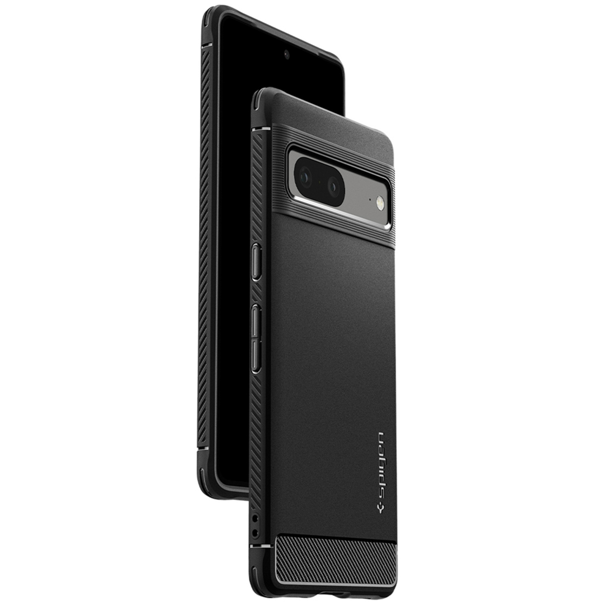 Telefono nero in una custodia nera. Il telefono è leggermente angolato per mostrare il suo lato. La custodia ha delle creste.