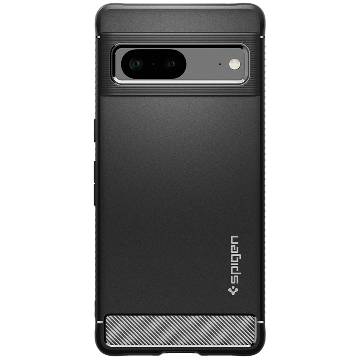 Custodia nera per telefono con marchio Spigen sul retro. Ha una parte superiore e inferiore strutturata.