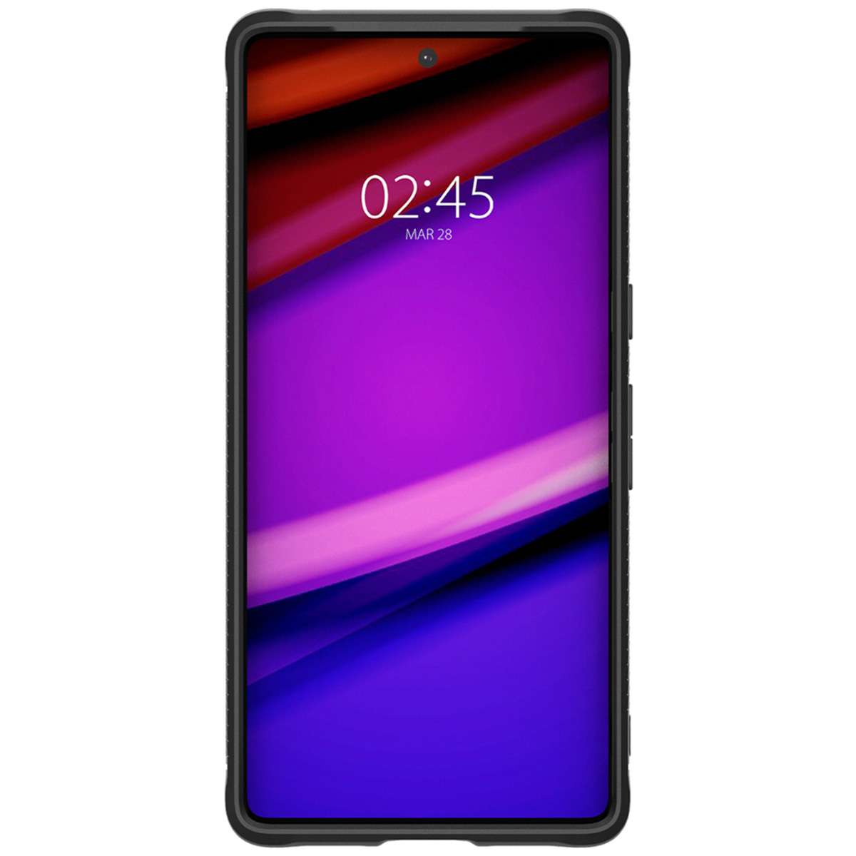 Telefono in una custodia nera. Lo schermo mostra l'ora e la data. Lo sfondo ha una sfumatura viola e blu.