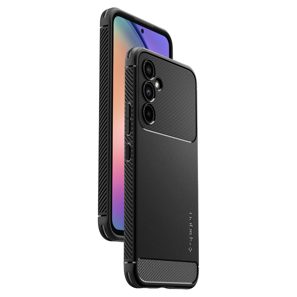 Custodia nera per telefono con telefono. La custodia è nera e ha un design strutturato.