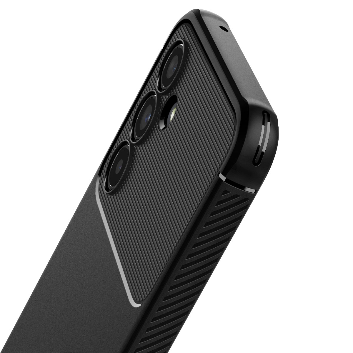 Custodia nera per telefono con tre lenti della fotocamera. Il telefono è angolato per mostrare i dettagli laterali.