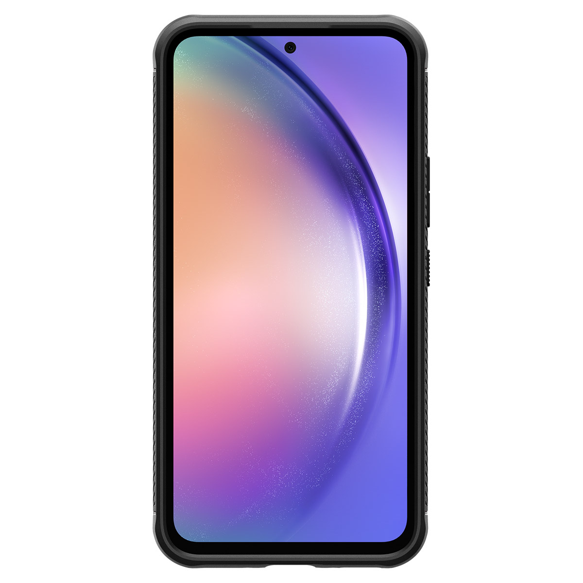 Smartphone in una custodia. Il display mostra uno sfondo sfumato. La custodia è nera.