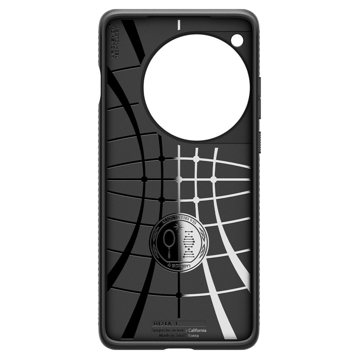 Interno della custodia nera del telefono. Ritagli per le funzioni del telefono visibili. Modello in bianco e nero.