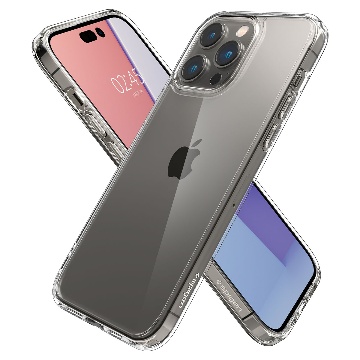 Przezroczyste etui na telefon ze srebrną ramką. Widoczne są dwa telefony z logo Apple wewnątrz etui.