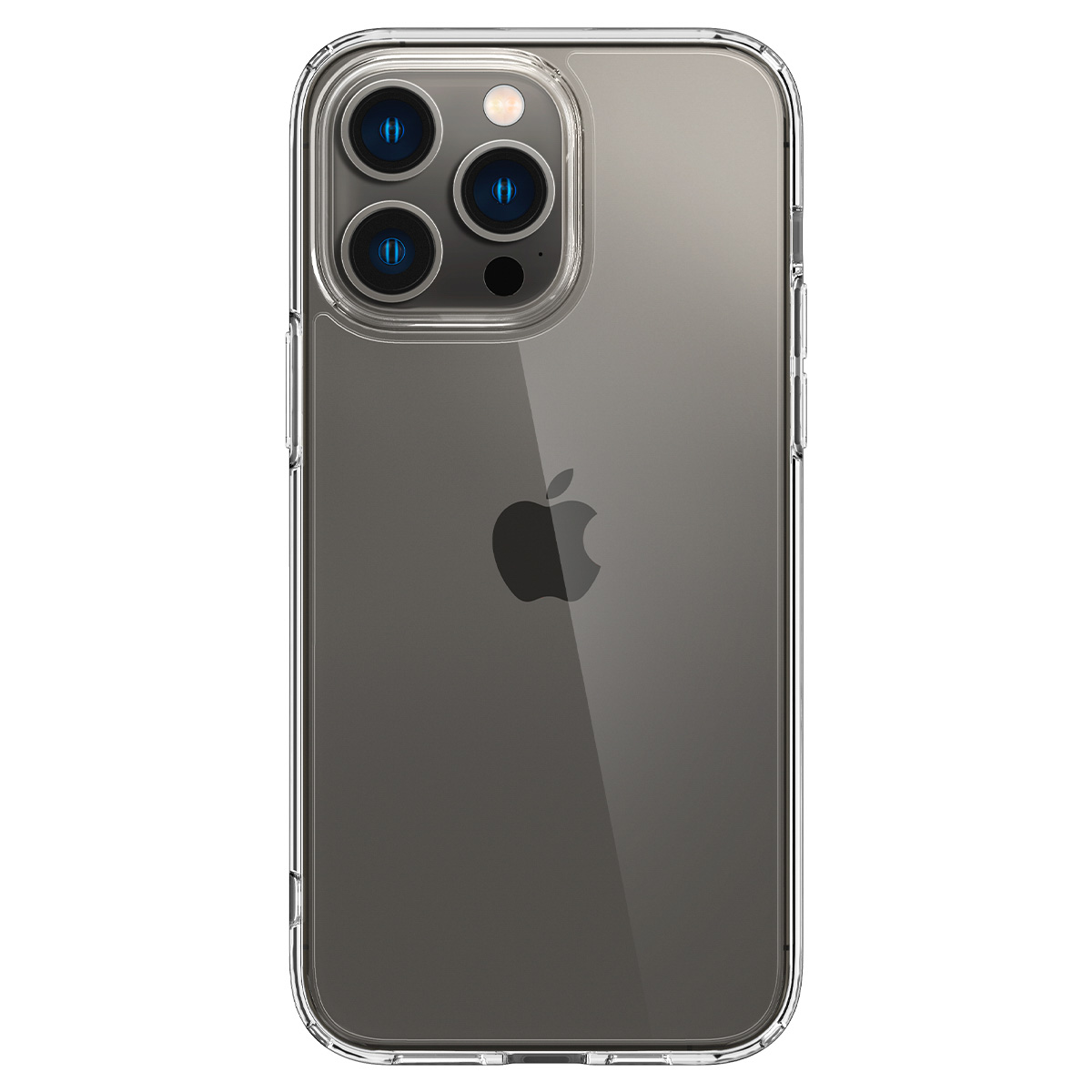 Przezroczyste etui na iPhone'a pokazujące tył telefonu. Widoczne są trzy obiektywy.