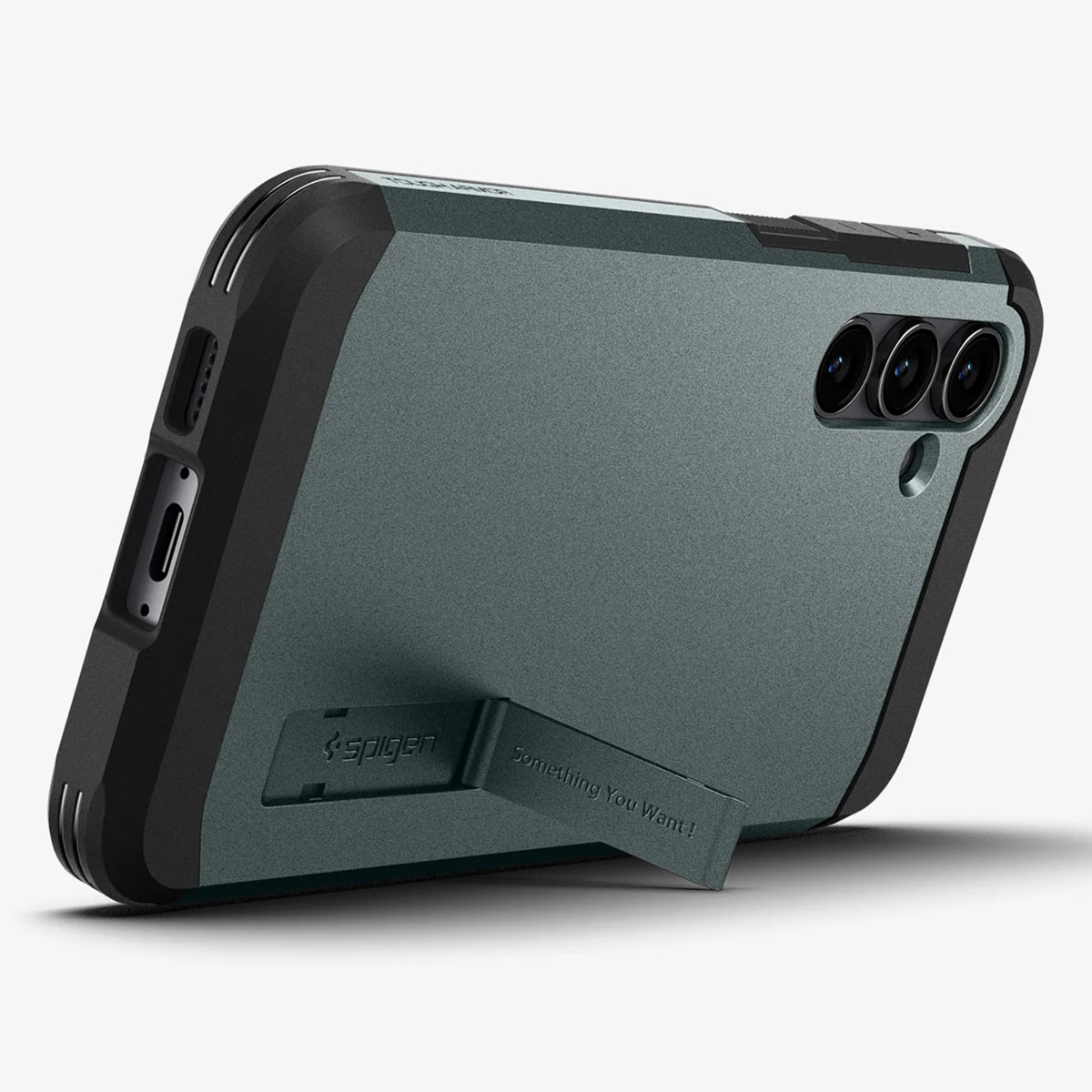 Telefoonhoes, teal achterkant, zwart frame, standaard. Spigen logo. Witte achtergrond.