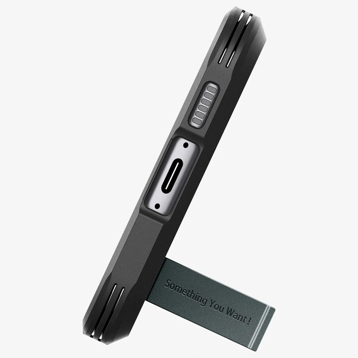 Zwarte telefoonhoes met een standaard. Witte achtergrond.