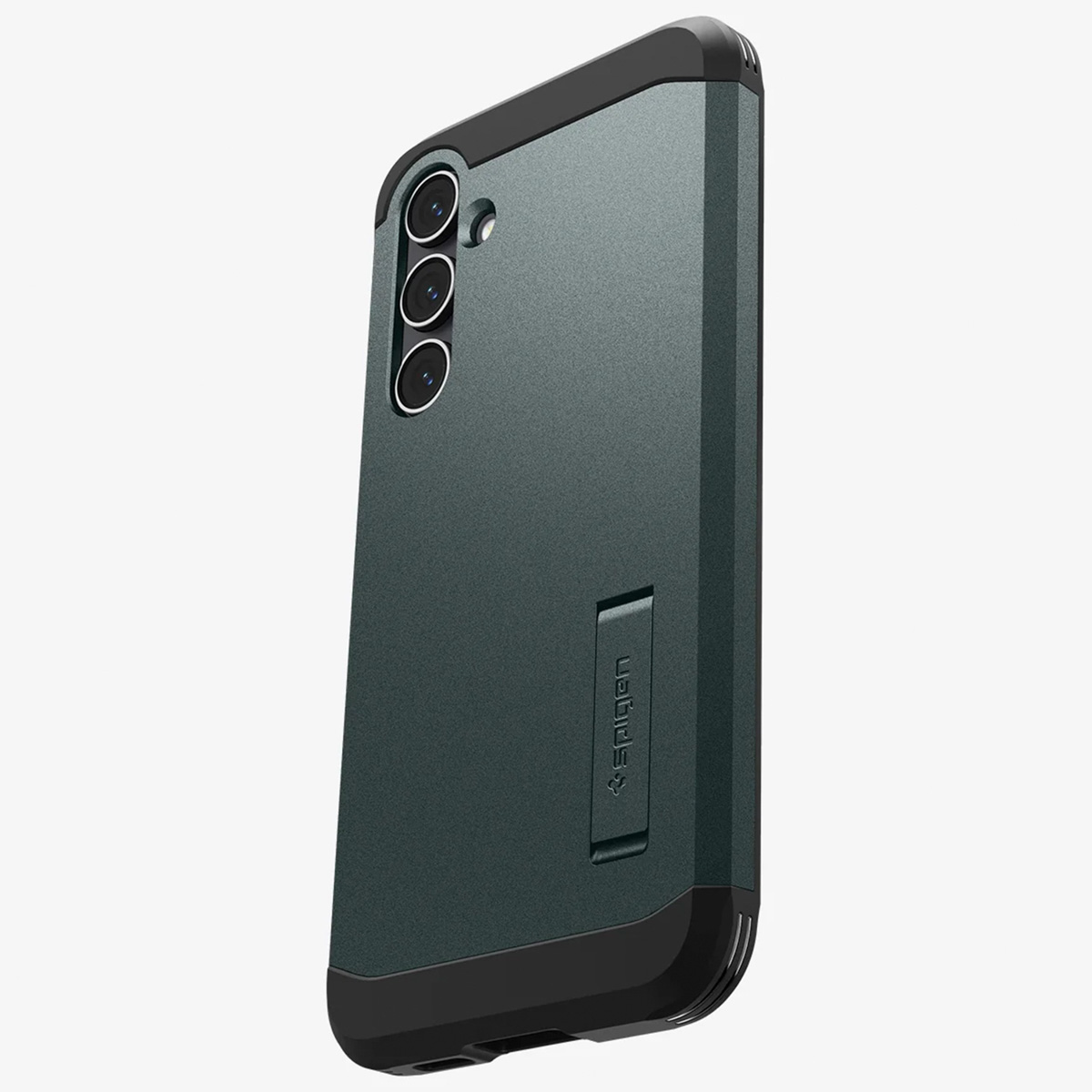 Groene telefoonhoes. De telefoon heeft drie camera's en een standaard.