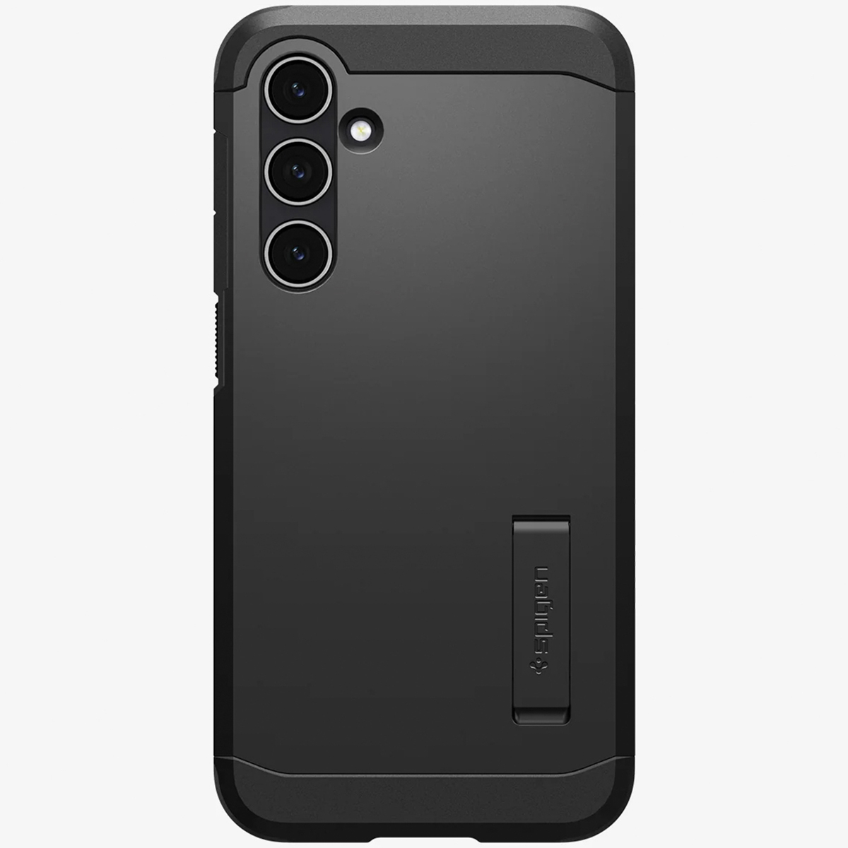 Zwarte telefoonhoes, drievoudige camera, zwart frame, Spigen logo, witte achtergrond.