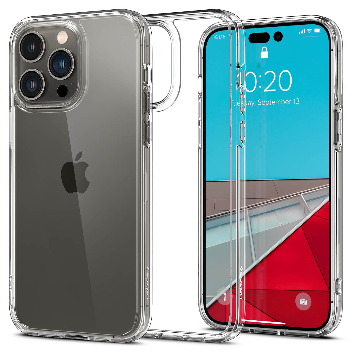 Funda transparente para teléfono en un teléfono con fondo rojo y blanco. La hora es 10:20 el 13 de septiembre.