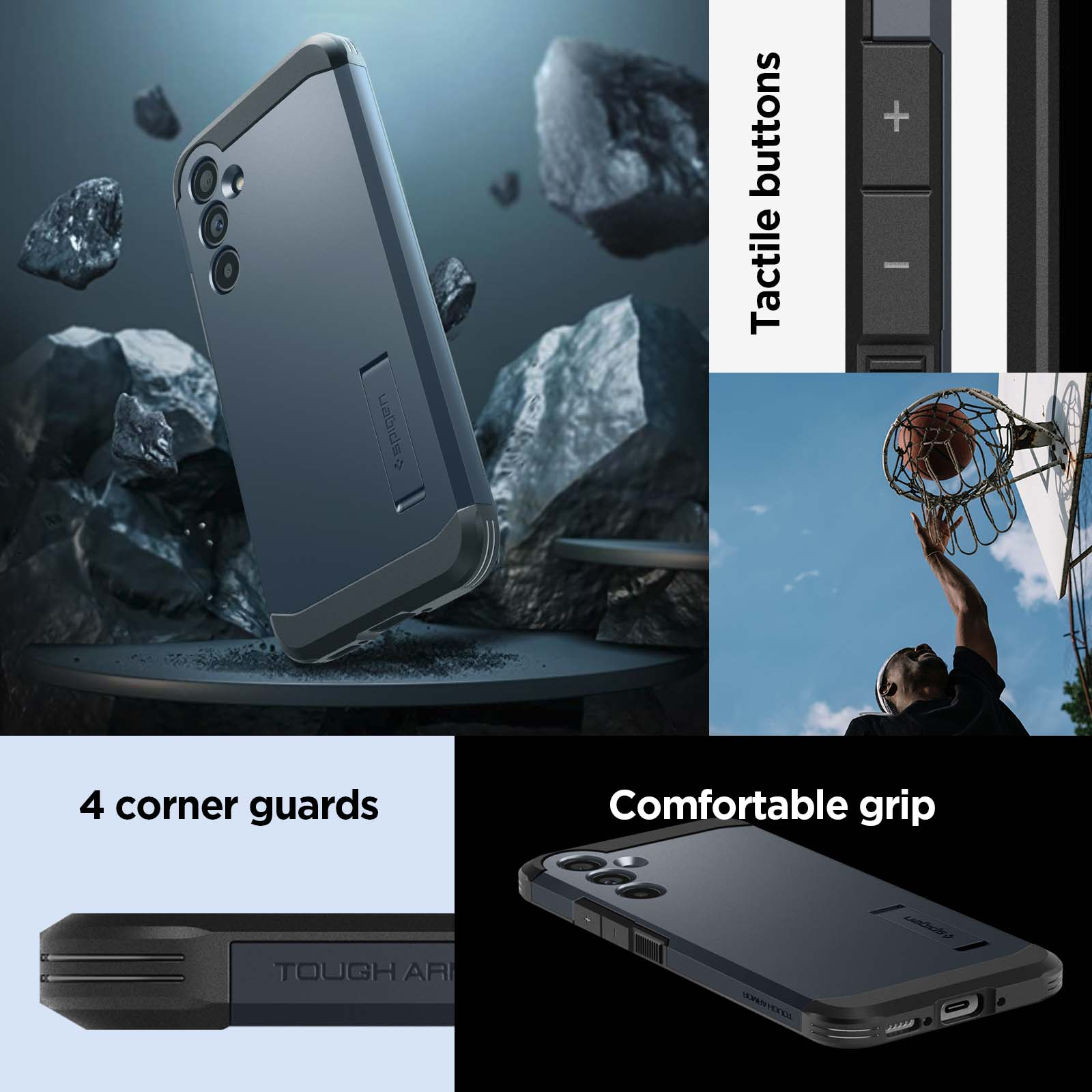 Diverse immagini con una custodia per telefono. Include 4 protezioni angolari, pulsanti tattili e presa comoda.