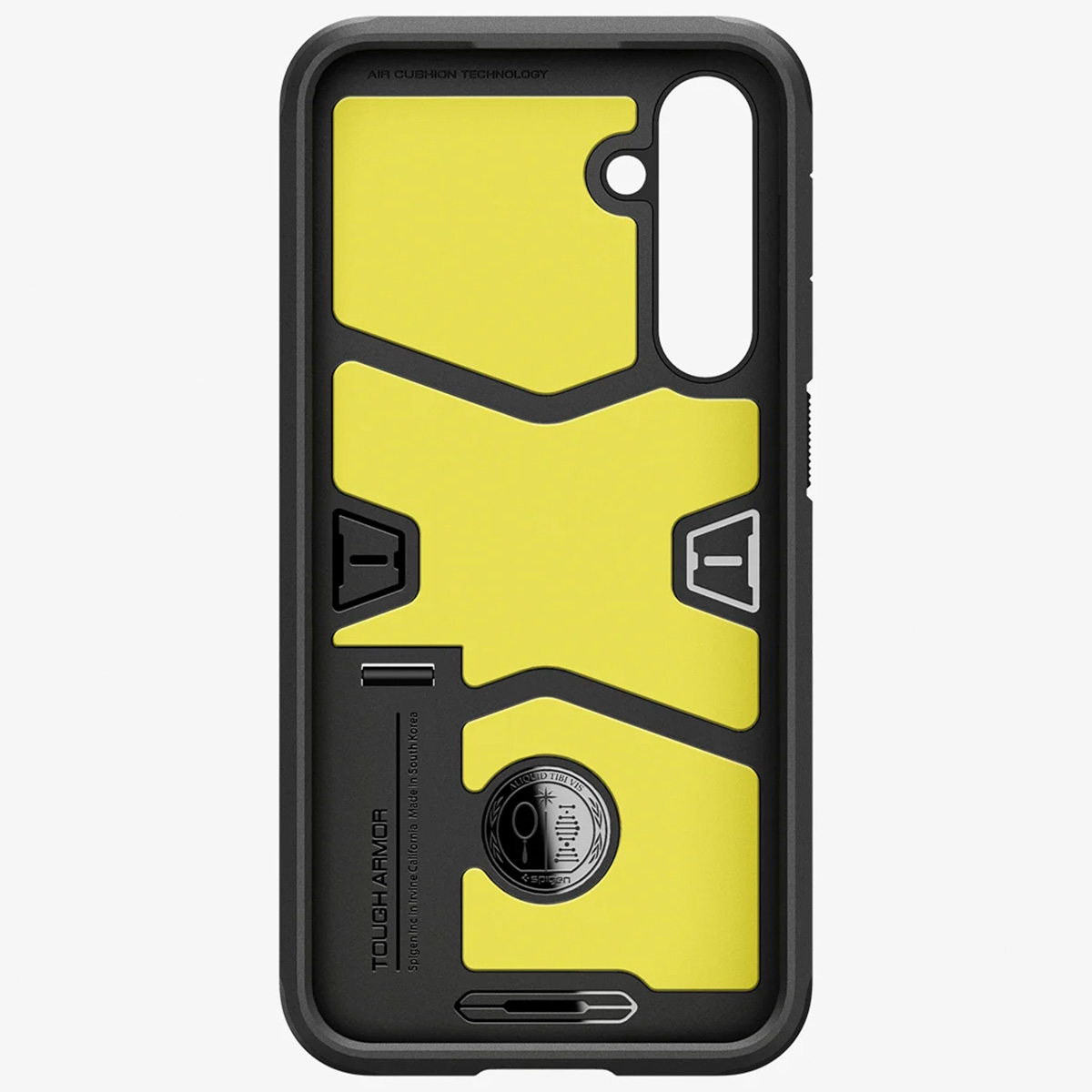 Binnenkant van de telefoonhoes. De hoes is zwart met gele accenten. De hoes heeft een logo en een robuust ontwerp.