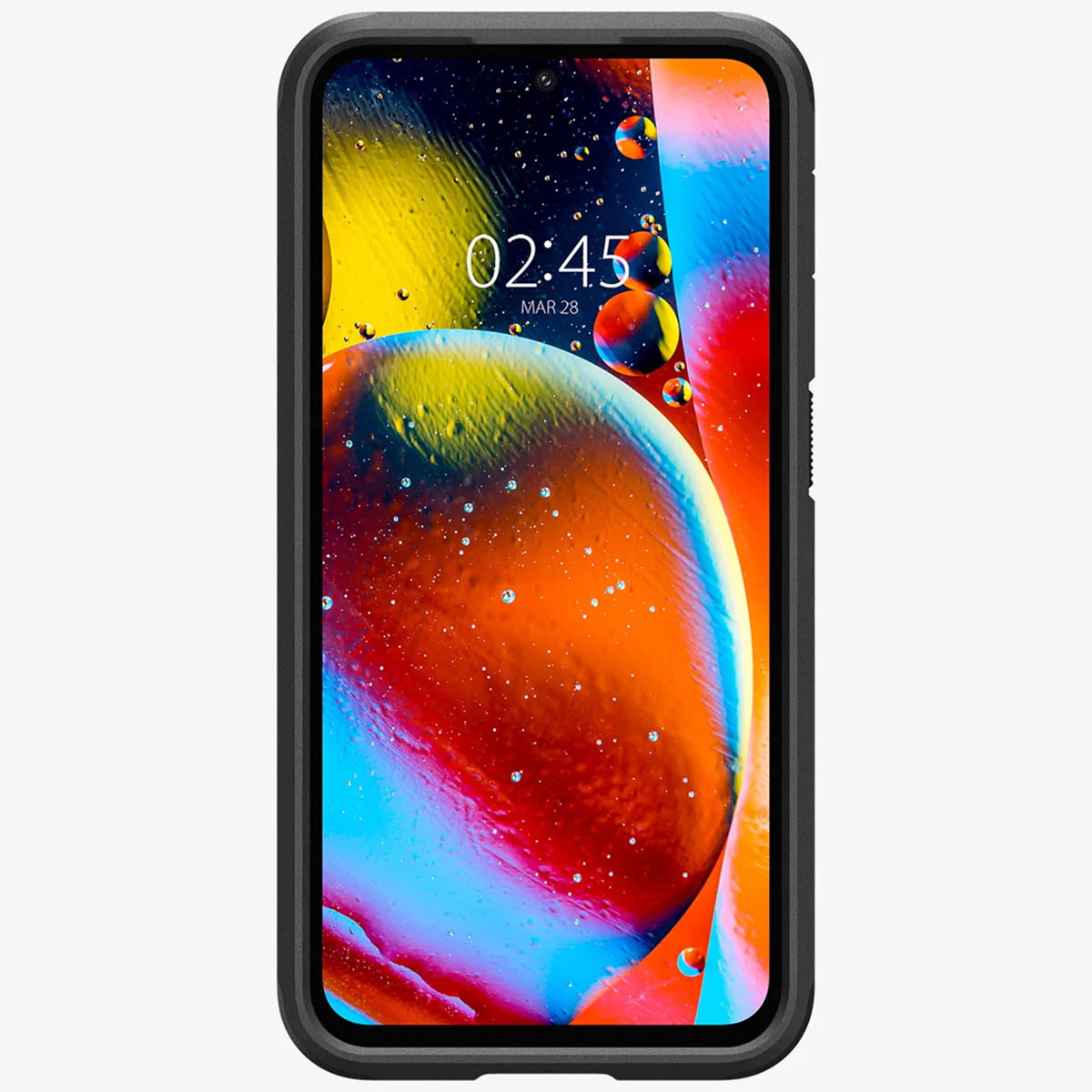 Telefoon met een zwarte hoes. Het scherm toont een kleurrijk abstract beeld.