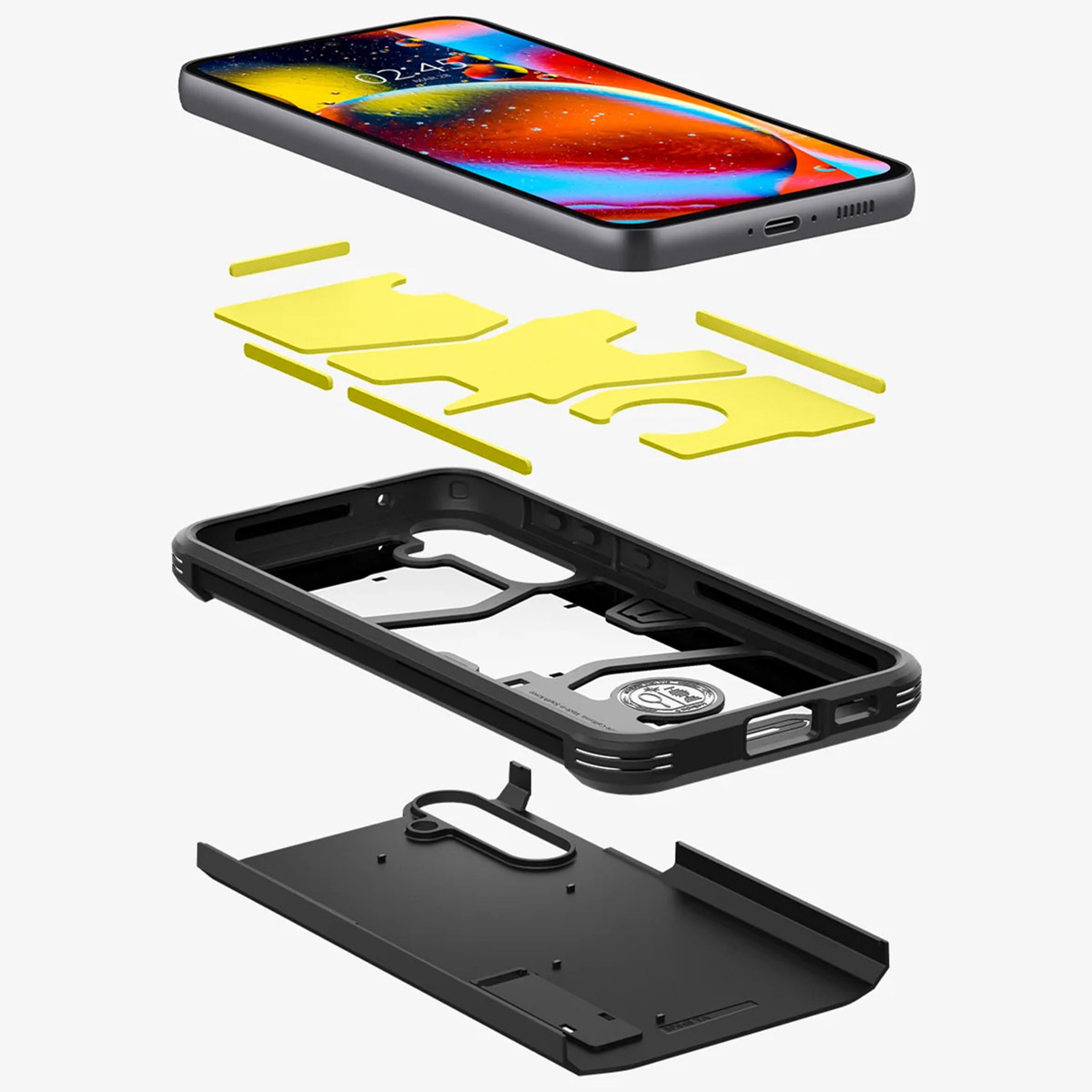 Exploded view van een telefoon met hoesje, met lagen. Gele plakpads zijn zichtbaar.