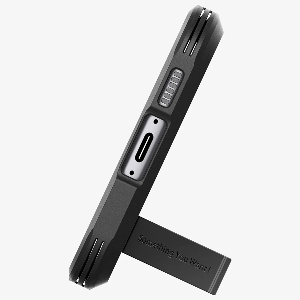 Zwarte telefoonhoes met een standaard. Witte achtergrond.