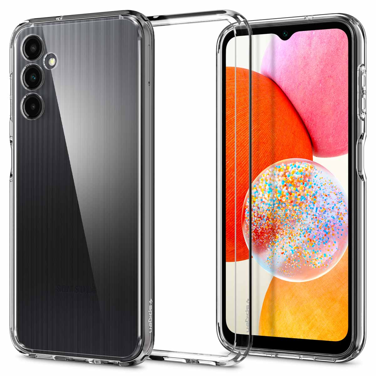 Une coque de téléphone transparente avec dos et côtés transparents, montrant un téléphone avec fond orange.