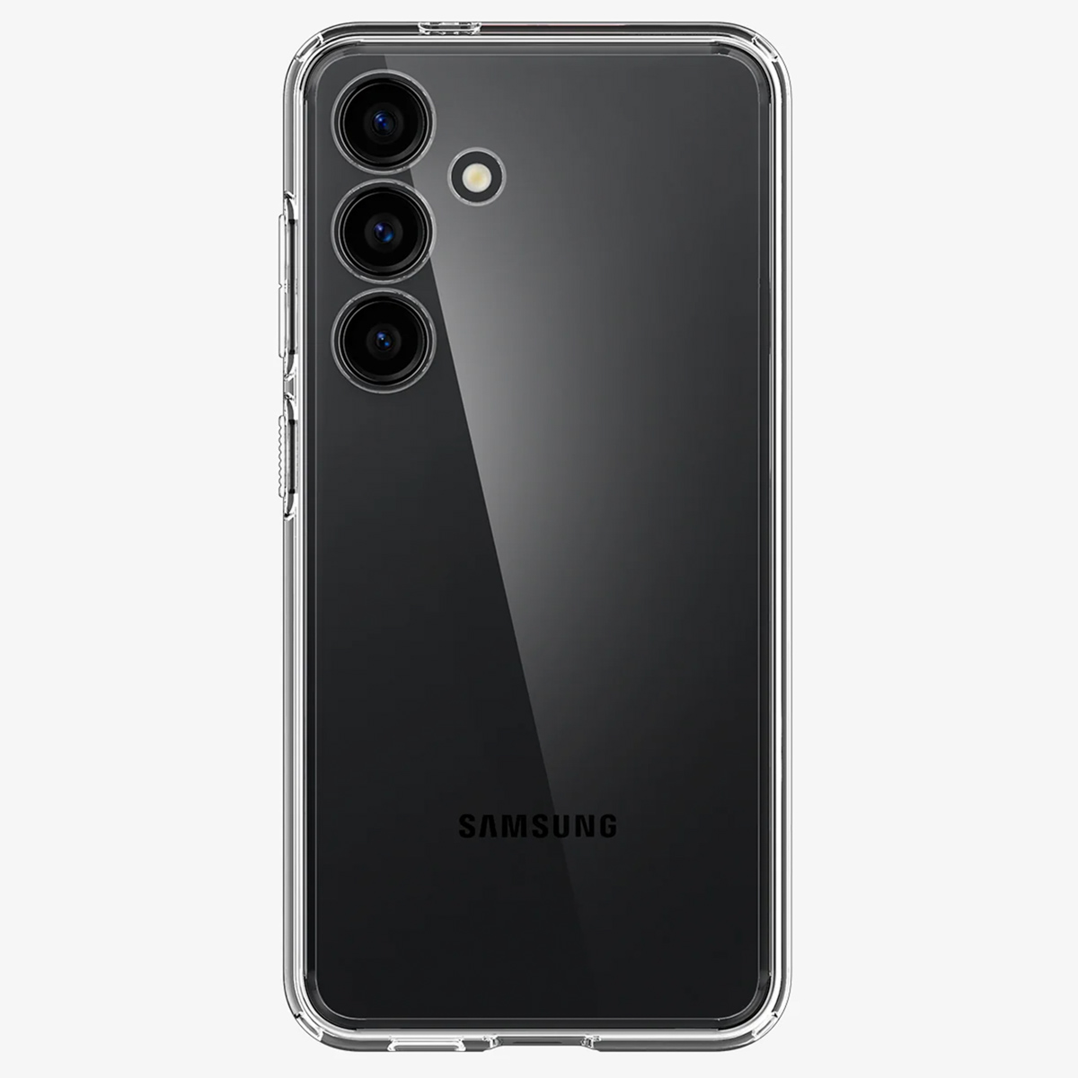 Transparante telefoonhoes op witte achtergrond, met drievoudige camera en Samsung-logo.