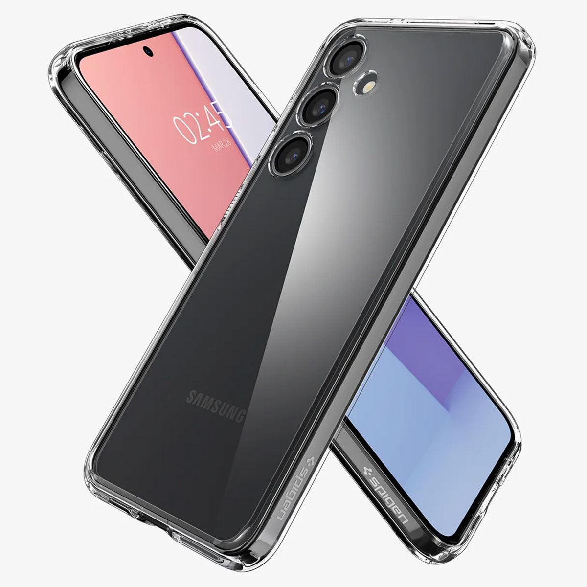 Twee doorzichtige telefoonhoesjes met Samsung telefoons, één toont tijd, de andere donker.