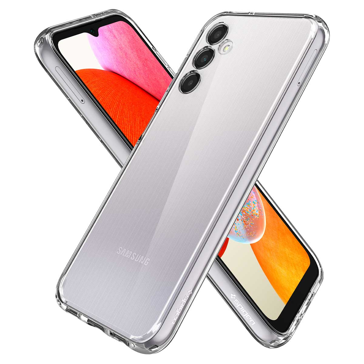Coque transparente avec téléphone. Deux parties de la coque sont inclinées.