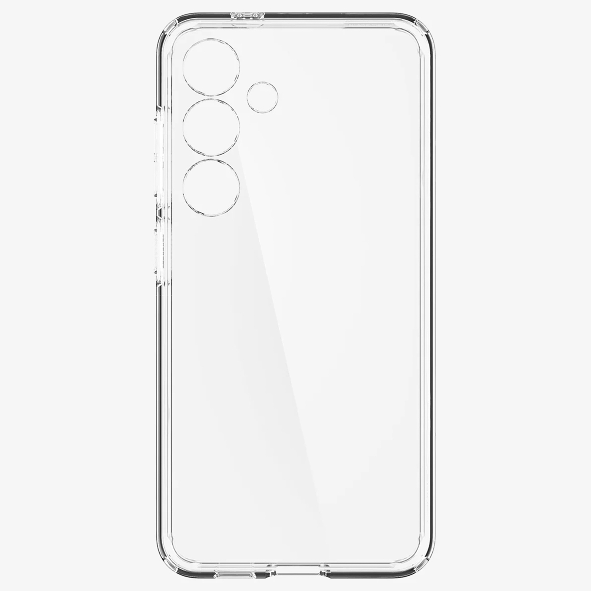 Transparante telefoonhoes. Drie camera-uitsparingen zichtbaar. Witte achtergrond.
