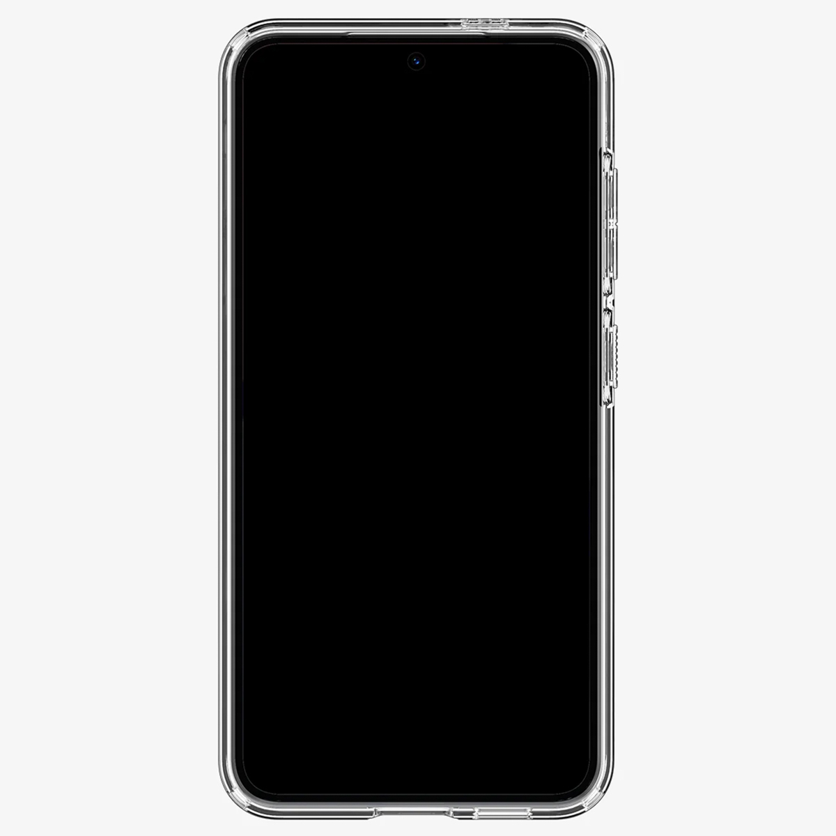 Een doorzichtig telefoonhoesje, het scherm van de telefoon is zwart.
