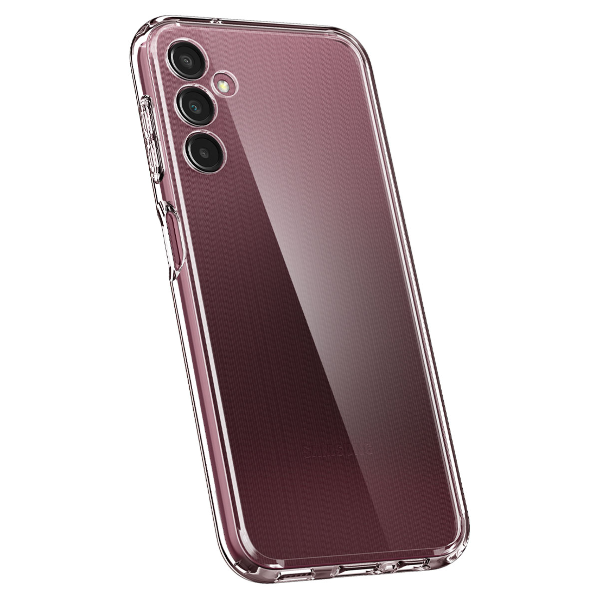 Coque transparente avec téléphone violet à l'intérieur. Triple caméra. Fond blanc.