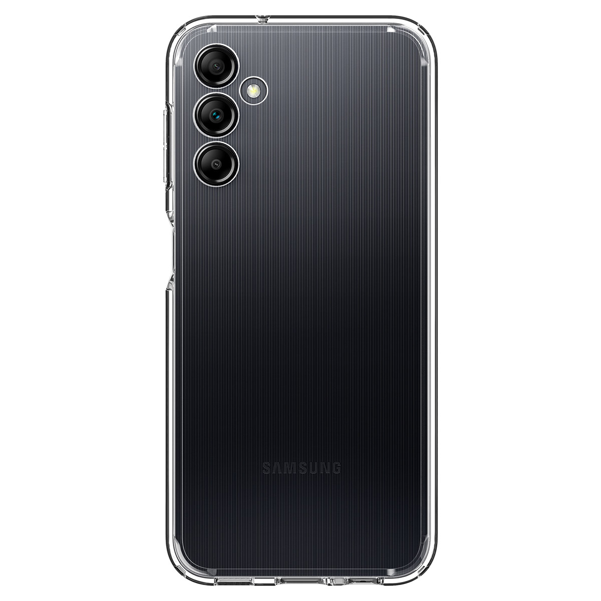 Coque transparente avec un téléphone noir à l'intérieur.