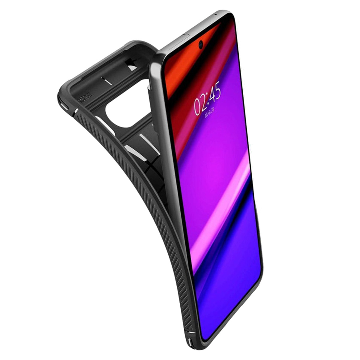 Un telefono in una custodia nera è angolato, mostrando lo schermo con uno sfondo colorato e l'ora.