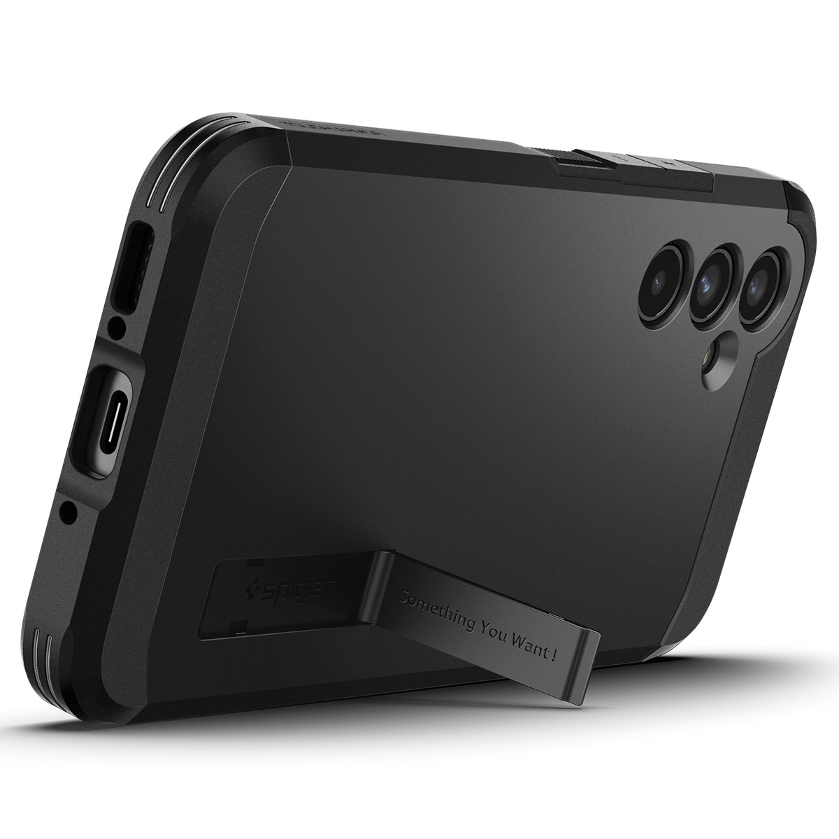 Custodia nera per telefono con cavalletto. La custodia è angolata con il cavalletto aperto, mostrando la fotocamera e il supporto.