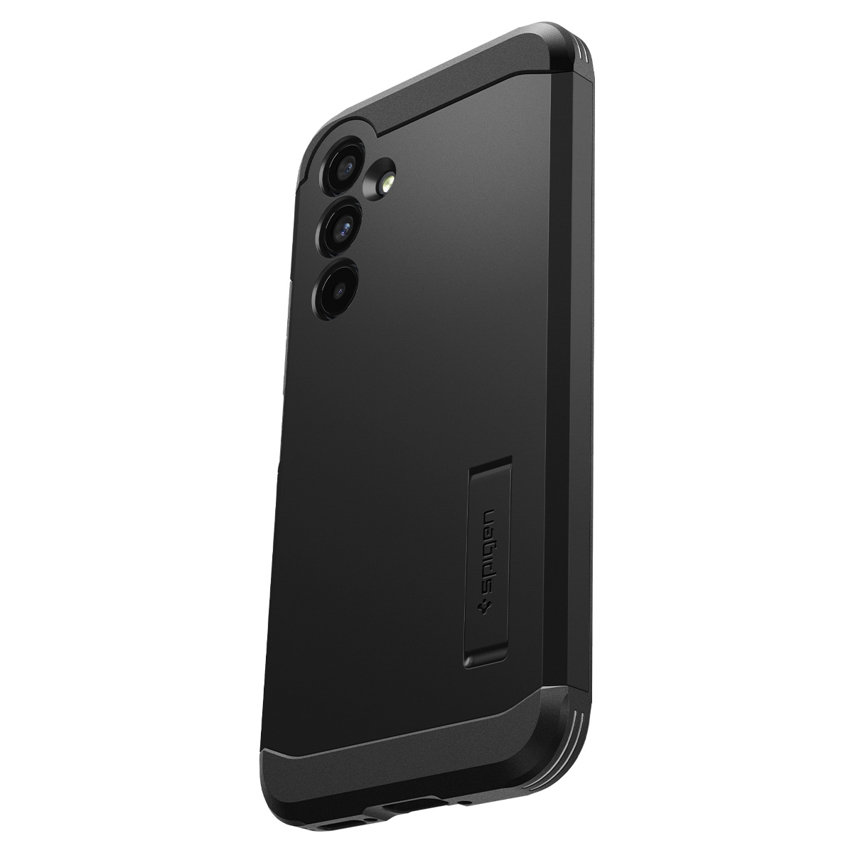 Custodia nera, tripla fotocamera, logo Spigen, sfondo bianco.