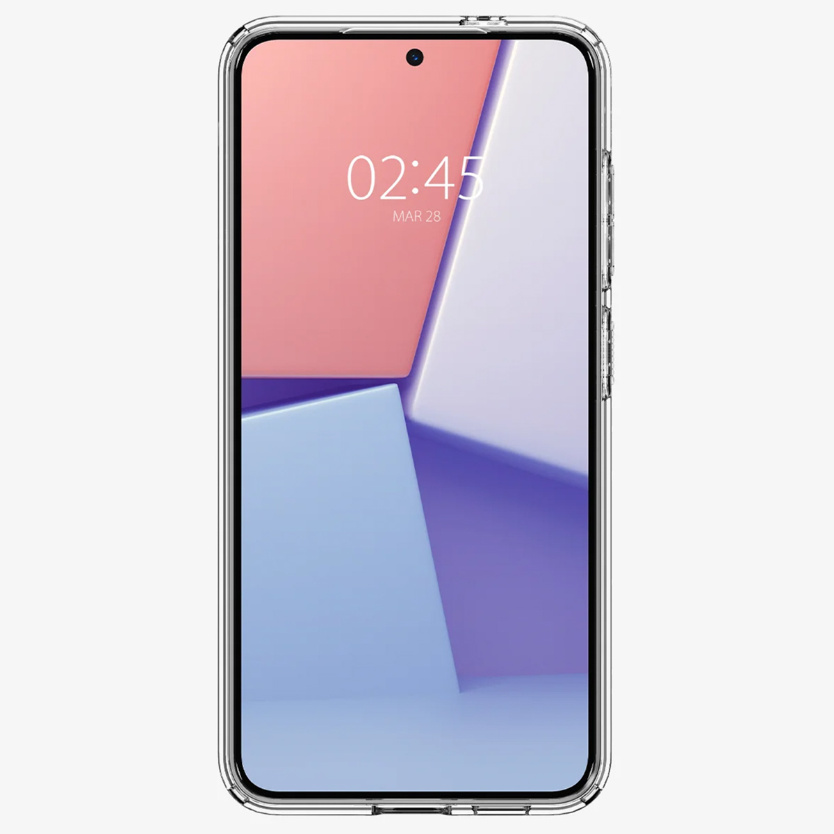 Transparante telefoonhoes op een telefoon. De tijd is 02:45 en de datum is 28 maart. De achtergrond is abstract.