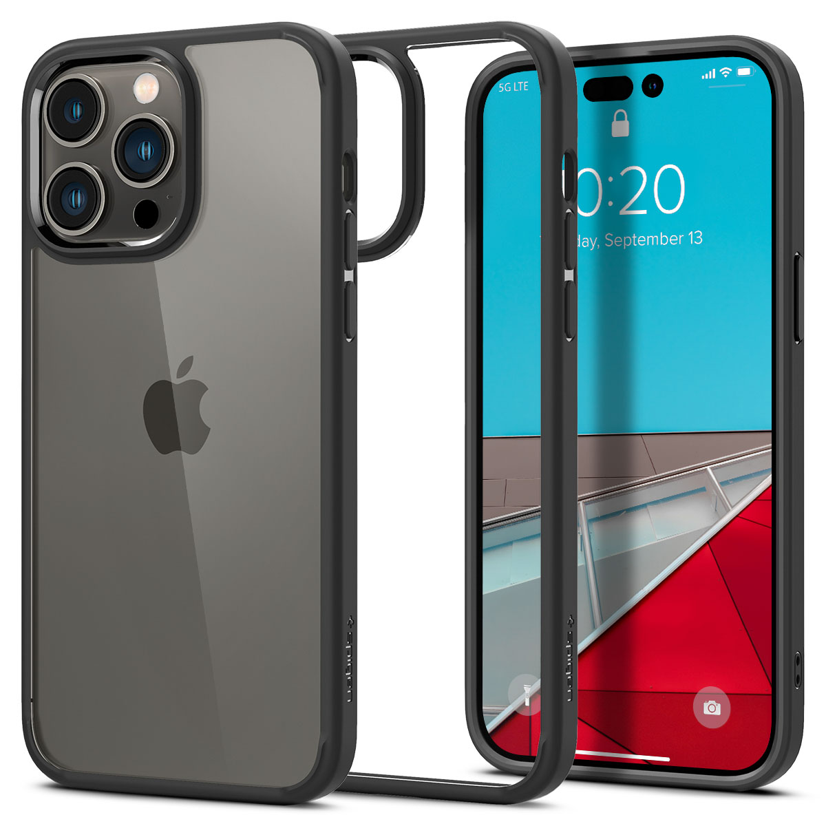 Custodia trasparente per telefono con il logo Apple. L'ora è 10:20, 13 settembre.