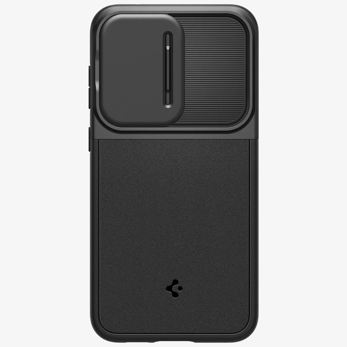 Custodia nera con cursore fotocamera. Logo Spigen. Sfondo bianco.
