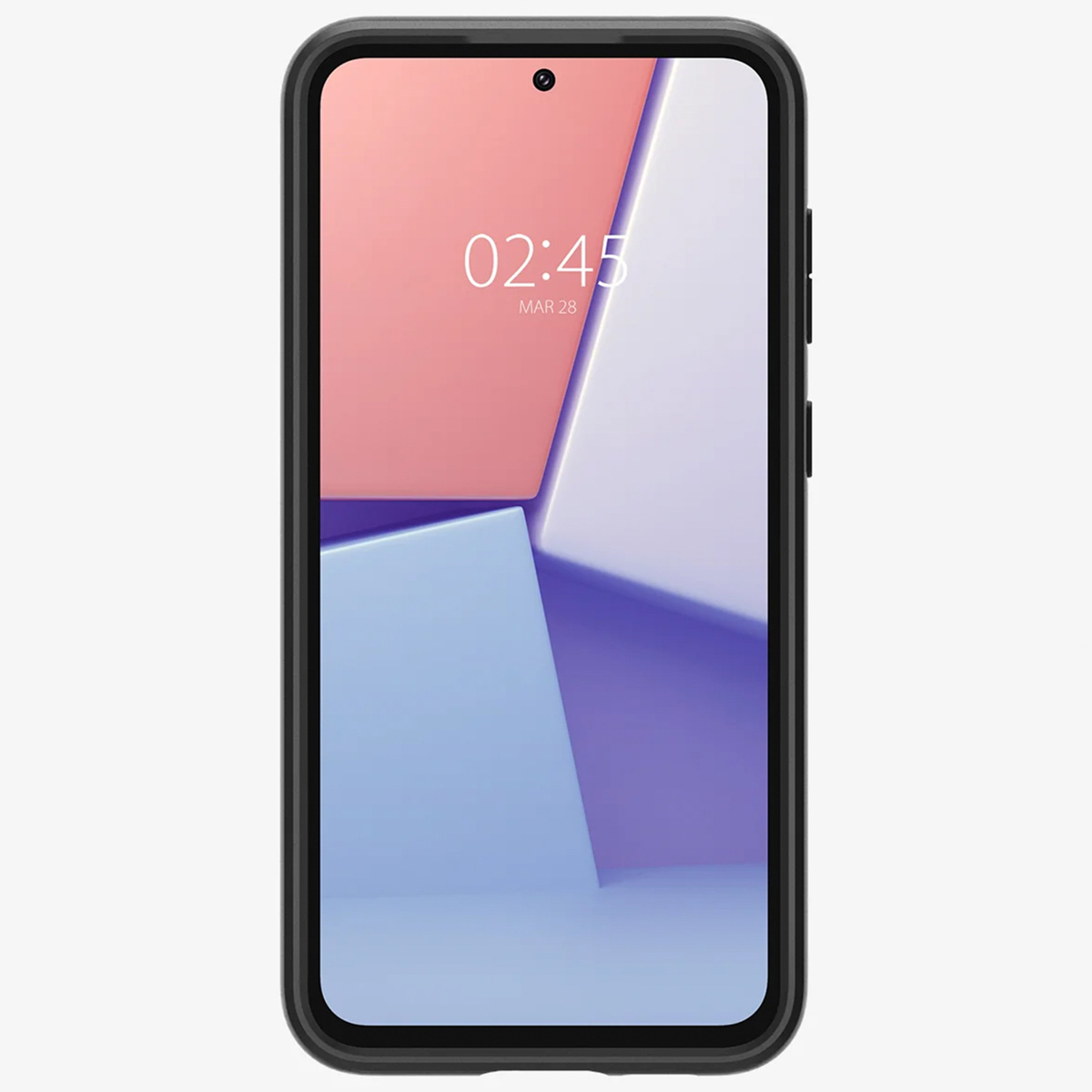 Un telefono nero con custodia nera. Lo schermo mostra un design astratto rosa, bianco e blu.