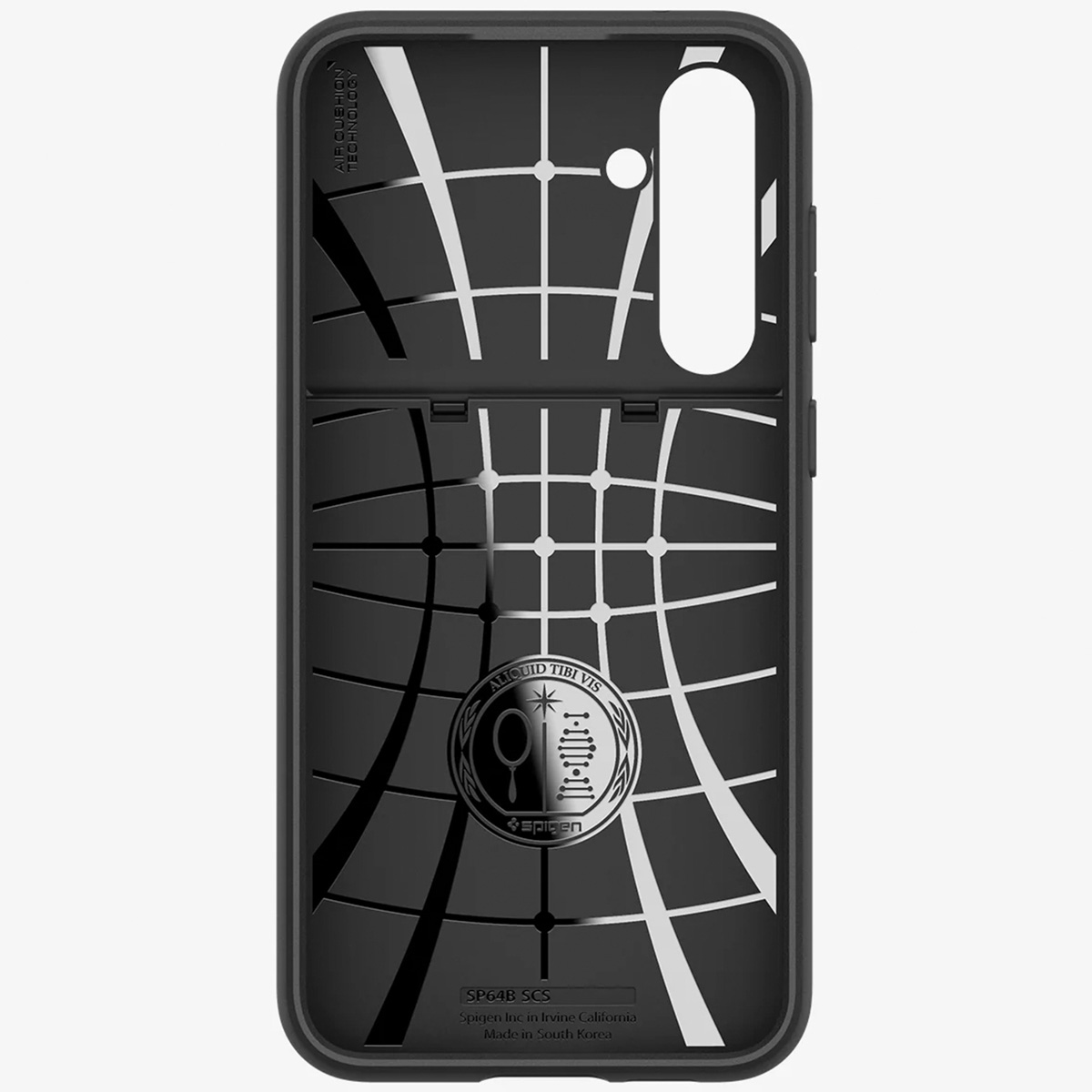 Custodia nera per telefono con un motivo geometrico e il logo Spigen. Il retro è scuro.