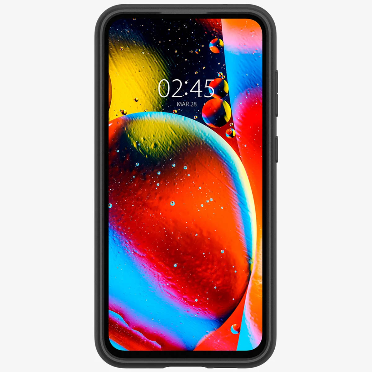 Un telefono nero che mostra un'immagine astratta e colorata. Mostra l'ora.