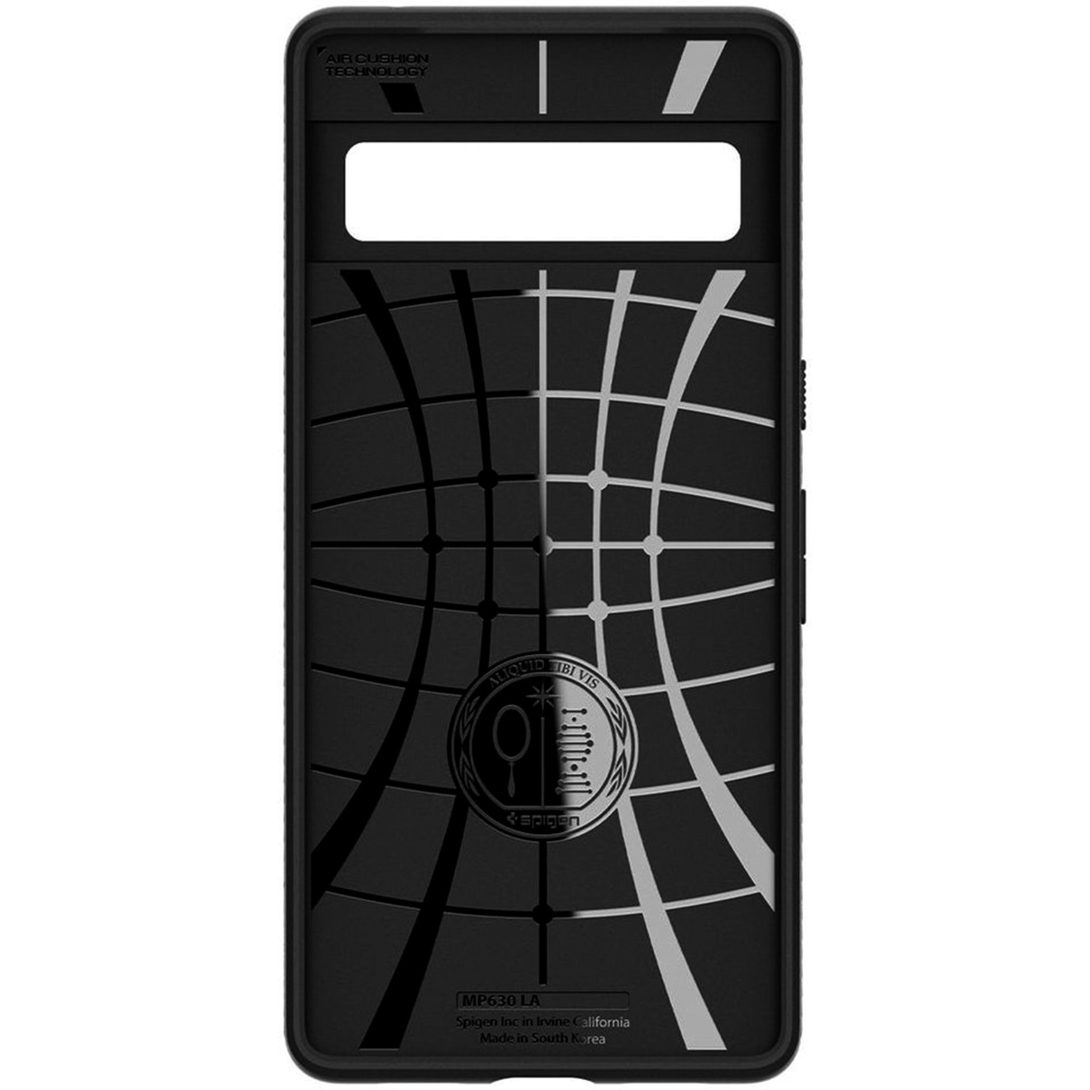 Custodia nera per telefono con design. Visibile il logo Spigen.