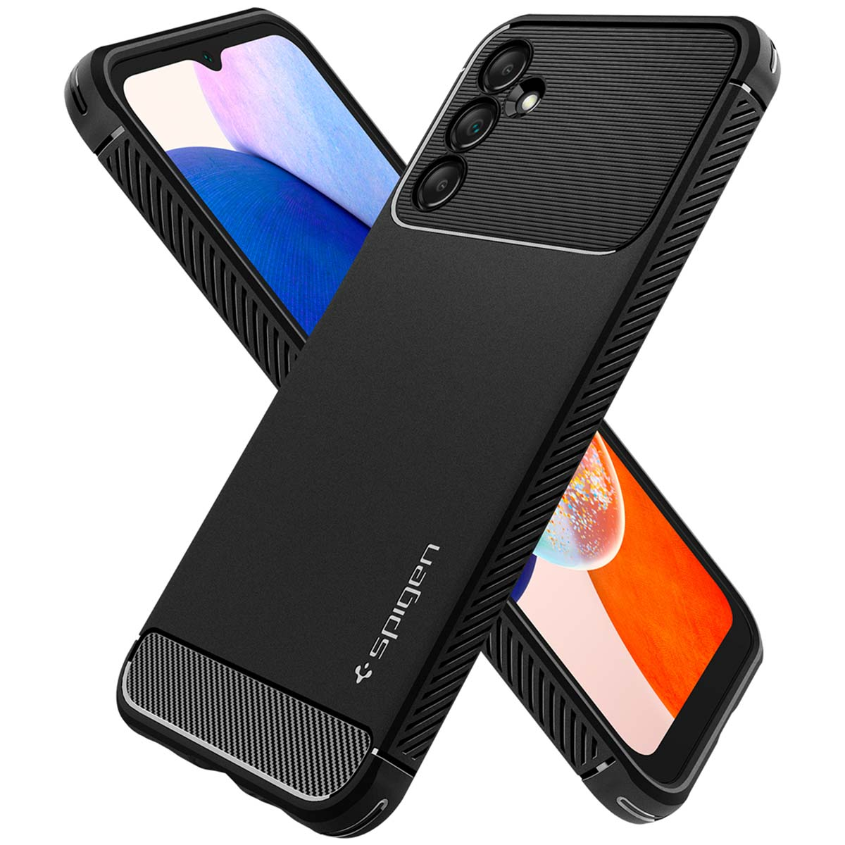 Custodia per telefono nera con un telefono nero all'interno. Il logo Spigen è visibile.