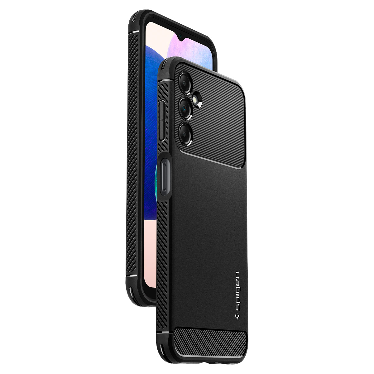 Telefono nero con custodia, che mostra retro e lato con fotocamera, pulsanti laterali visibili.